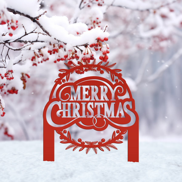 Decorative Merry Christmas Wreath Metal Yard Stake - Holiday Decor