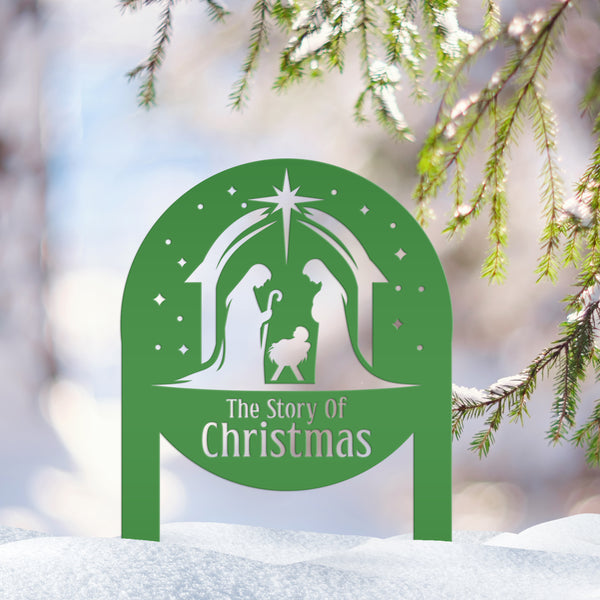 Metal Christmas Nativity Sign - Festive Holiday Display - Manger Scene Decoration - The Story of Christmas Yard Stake - Christian Art Decor