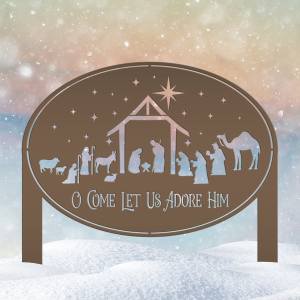 Metal Nativity Yard Sign for Outdoors, Outdoor Christmas Decoration, O Come let us adore Him