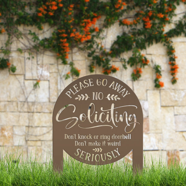 No Soliciting Yard Stake - Funny Metal Sign for Home Decor - Outdoor Garden Decoration - Please Go Away Signs - Unique Housewarming Gifts