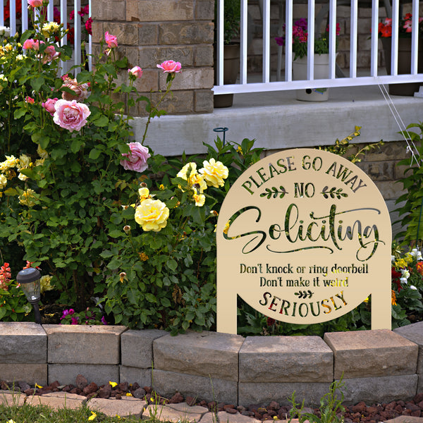 No Soliciting Yard Stake - Funny Metal Sign for Home Decor - Outdoor Garden Decoration - Please Go Away Signs - Unique Housewarming Gifts