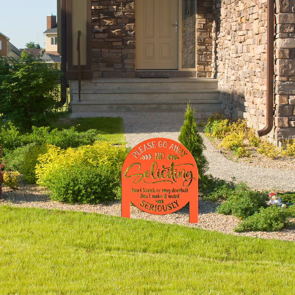 No Soliciting Yard Stake - Funny Metal Sign for Home Decor - Outdoor Garden Decoration - Please Go Away Signs - Unique Housewarming Gifts