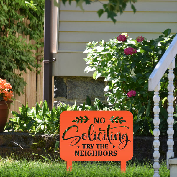 No Soliciting Signage - Humorous Yard Decoration for Outdoor Spaces - Funny Metal Yard Stake - Cute Laser Cut Home Decor - Housewarming Gift