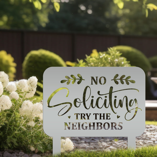 No Soliciting Signage - Humorous Yard Decoration for Outdoor Spaces - Funny Metal Yard Stake - Cute Laser Cut Home Decor - Housewarming Gift