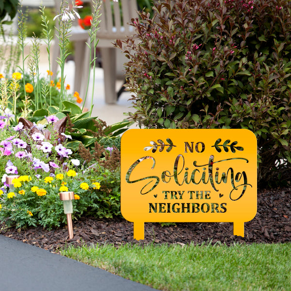 No Soliciting Signage - Humorous Yard Decoration for Outdoor Spaces - Funny Metal Yard Stake - Cute Laser Cut Home Decor - Housewarming Gift