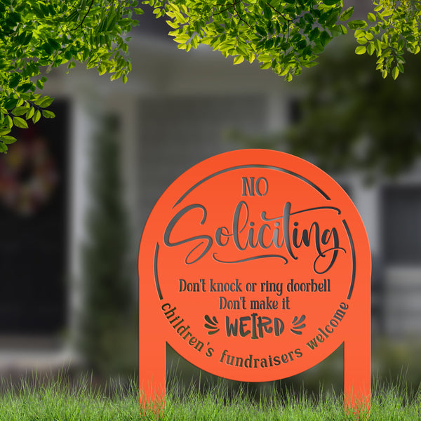 No Soliciting Sign for Home Decor - Funny Metal Yard Stake - Outdoor Decoration - Children's Fundraisers Welcome - Unique Housewarming Gifts