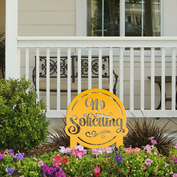 No Soliciting Sign for Yard - Metal Stake for Home Security - Outdoor Entryway Welcome Sign - Charming Lawn Art - Unique Housewarming Gift