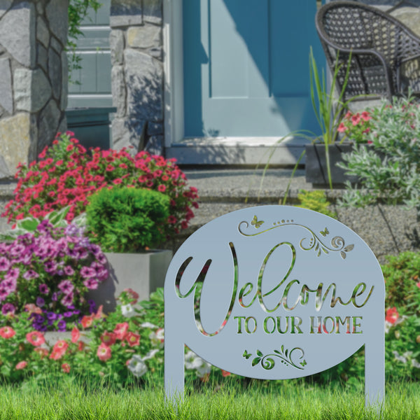 Welcome Home Metal Yard Stake - Charming Outdoor Lawn Art - Welcoming Laser Cut Sign - Butterfly Garden Decorations - Cute Housewarming Gift