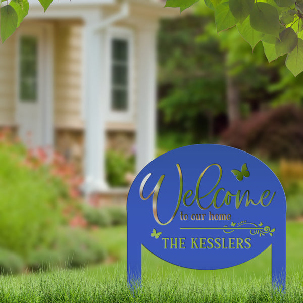 Charming Custom Welcome Sign for Your Home - Butterfly Metal Yard Stake - Welcoming Outdoor Lawn Decor - Personalized Housewarming Gifts
