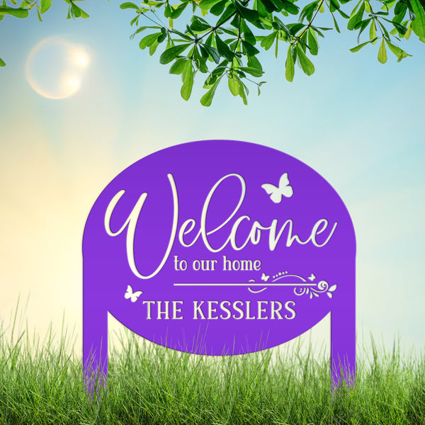 Charming Custom Welcome Sign for Your Home - Butterfly Metal Yard Stake - Welcoming Outdoor Lawn Decor - Personalized Housewarming Gifts