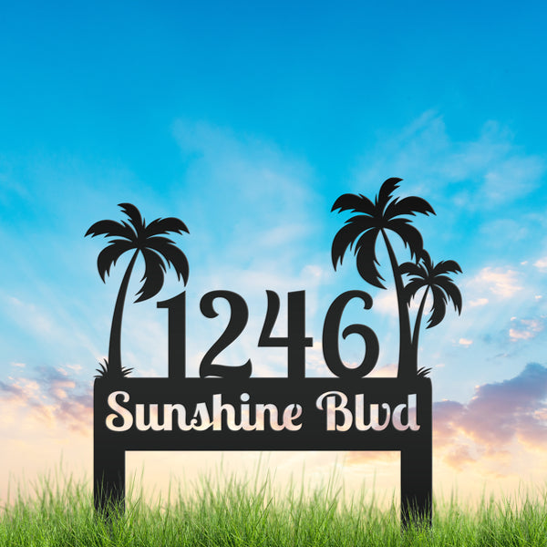 Personalized Palm Tree Address Metal Yard Stake - House Numbers-Beach Themed House-Beach House Address Yard Stake- Palm Tree Personalized Yard Stake
