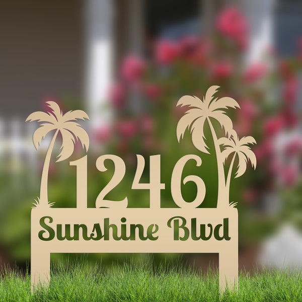 Personalized Palm Tree Address Metal Yard Stake - House Numbers-Beach Themed House-Beach House Address Yard Stake- Palm Tree Personalized Yard Stake