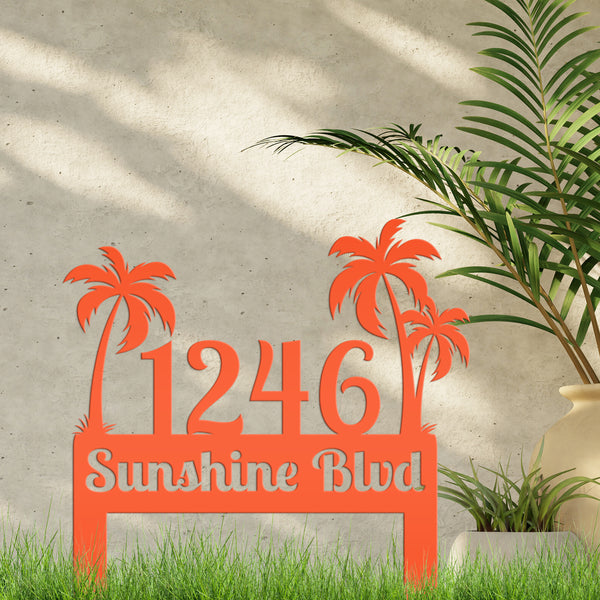 Personalized Palm Tree Address Metal Yard Stake - House Numbers-Beach Themed House-Beach House Address Yard Stake- Palm Tree Personalized Yard Stake
