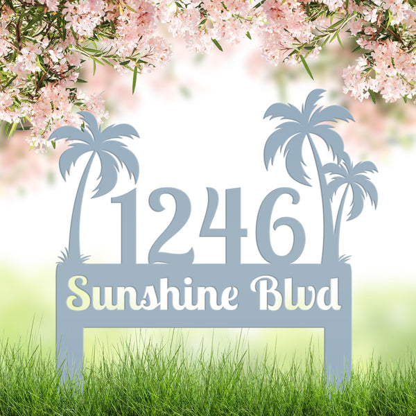 Personalized Palm Tree Address Metal Yard Stake - House Numbers-Beach Themed House-Beach House Address Yard Stake- Palm Tree Personalized Yard Stake