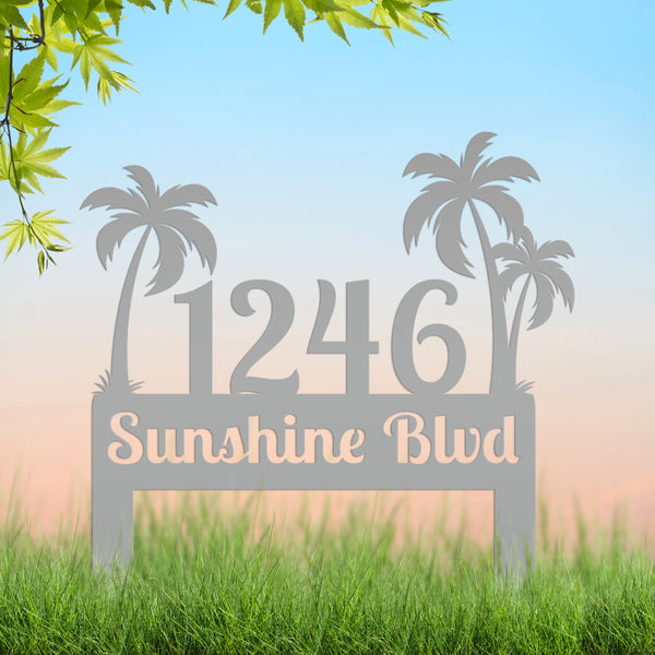Personalized Palm Tree Address Metal Yard Stake - House Numbers-Beach Themed House-Beach House Address Yard Stake- Palm Tree Personalized Yard Stake