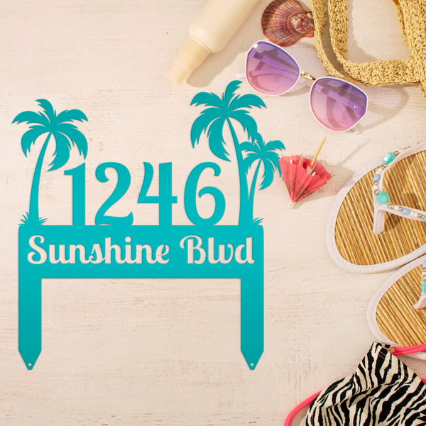 Personalized Palm Tree Address Metal Yard Stake - House Numbers-Beach Themed House-Beach House Address Yard Stake- Palm Tree Personalized Yard Stake