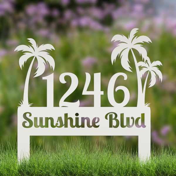 Personalized Palm Tree Address Metal Yard Stake - House Numbers-Beach Themed House-Beach House Address Yard Stake- Palm Tree Personalized Yard Stake