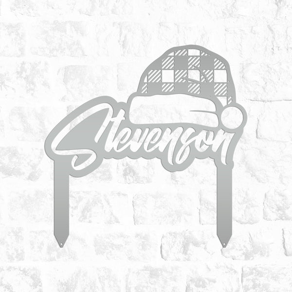 Custom Plaid Santa Hat Metal Yard Stake - Christmas Decor