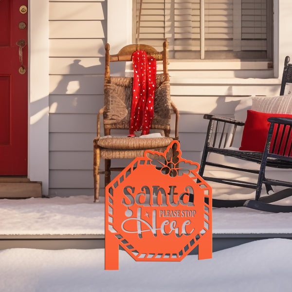 Santa Please Stop Here Metal Yard Stake - Christmas Decor