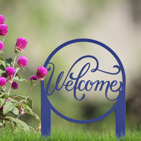 Round Welcome Metal Yard Stake-Welcome Yard Stake-Flower Bed Decor-Flower Bed Yard Decor -Personalized Gift