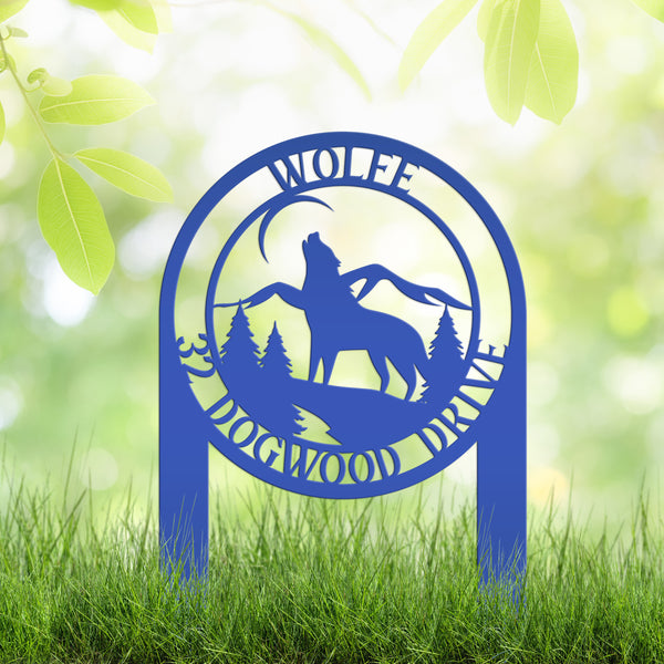 Personalized Wolf and Address Yard Stake Metal Sign-Wolf Yard Decor-Wolves-Wolf Decor