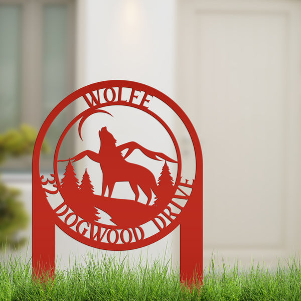 Personalized Wolf and Address Yard Stake Metal Sign-Wolf Yard Decor-Wolves-Wolf Decor