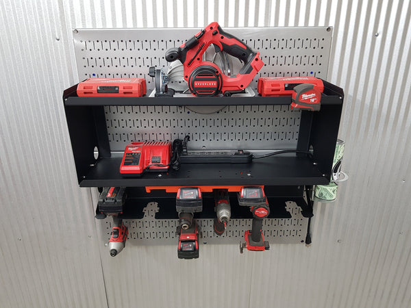 Double Metal Shelf Tool Organizer with Battery Rack and Power Strip -Univeral Brands
