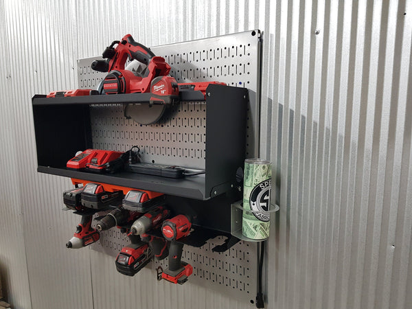 Double Metal Shelf Tool Organizer with Battery Rack and Power Strip -Univeral Brands