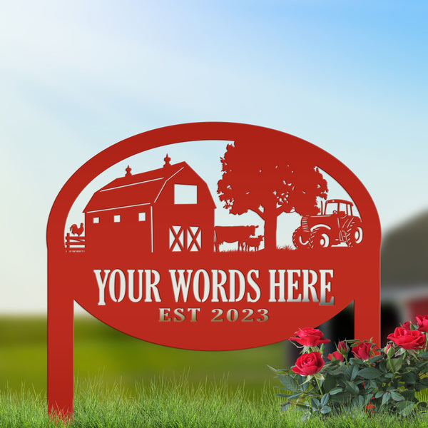 Farm Sign Metal Outdoor Yard Stake with Tractor Scene, Front Flower Bed Decor, Address Plaque With Barn and Chickens, Home Decor with Cows