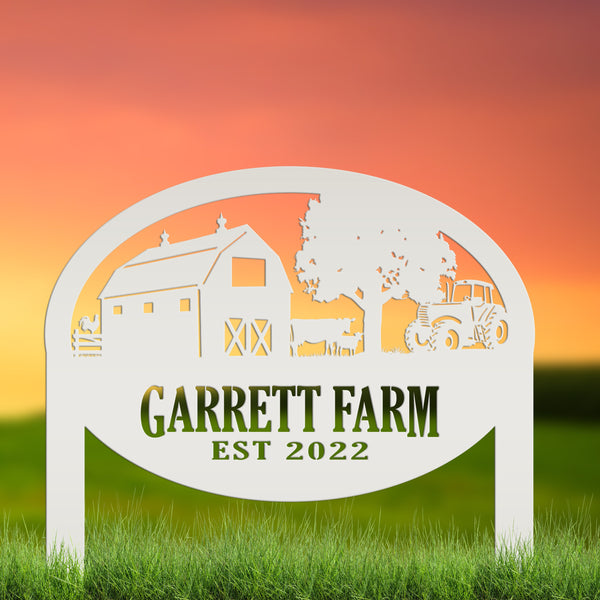 Farm Sign Metal Outdoor Yard Stake with Tractor Scene, Front Flower Bed Decor, Address Plaque With Barn and Chickens, Home Decor with Cows