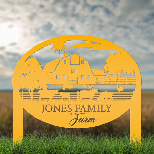 Farm Sign Metal Address Stake, Family Name Customizable Yard Sign with Established Date or Street Name, Outdoor Farm Scene Powder Coated
