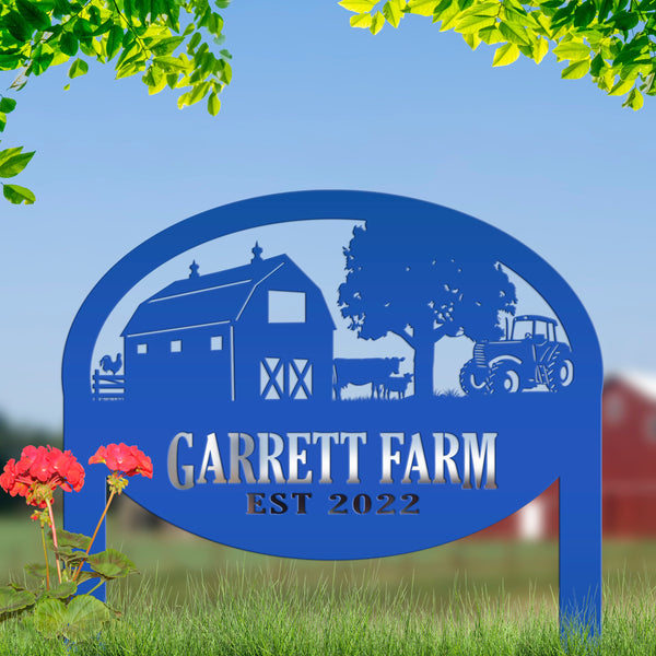 Farm Sign Metal Outdoor Yard Stake with Tractor Scene, Front Flower Bed Decor, Address Plaque With Barn and Chickens, Home Decor with Cows