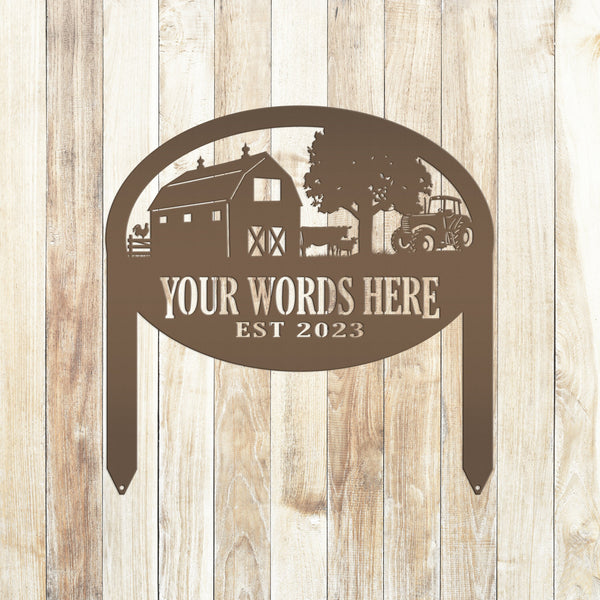 Farm Sign Metal Outdoor Yard Stake with Tractor Scene, Front Flower Bed Decor, Address Plaque With Barn and Chickens, Home Decor with Cows
