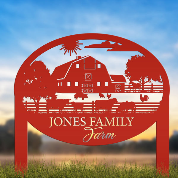 Farm Sign Metal Address Stake, Family Name Customizable Yard Sign with Established Date or Street Name, Outdoor Farm Scene Powder Coated